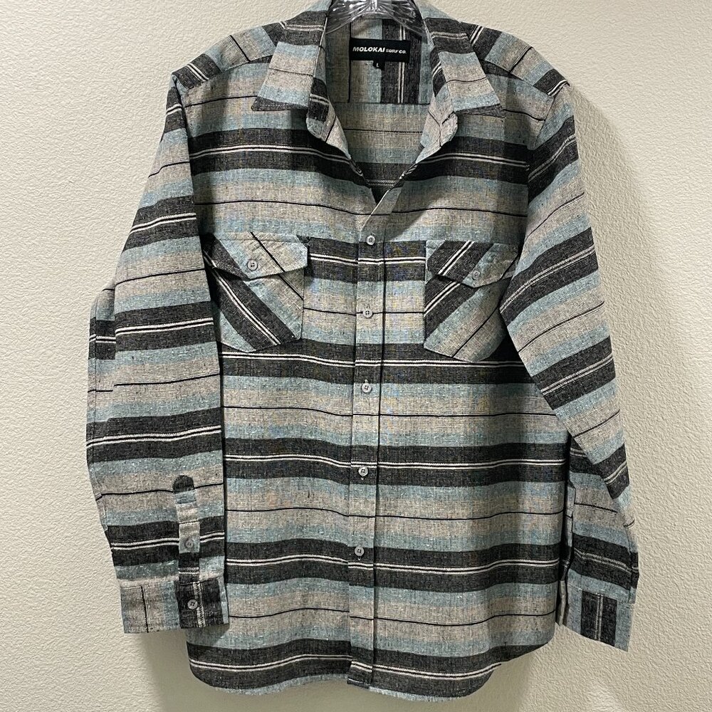 MEN'S MOLOKAI SURF CO Long Sleeve Button Up Stripe Black/Aqua Multi L